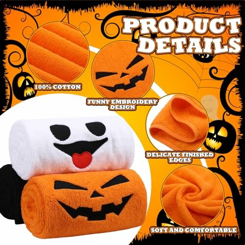 Halloween-themed towels with embroidery and product details.