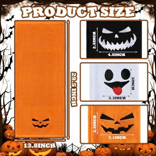Halloween-themed towels with pumpkin faces and dimensions.