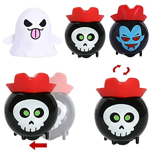 Wind-up Halloween toys, including a ghost and skulls with red hats.