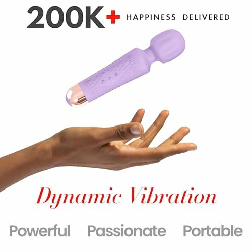 A hand holding a purple massager with text 'Dynamic Vibration' on the screen
