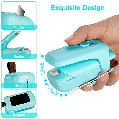 Hand holding a blue handheld bag sealer and cutter with a hook and magnet, labeled with dimensions.