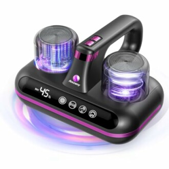 Handheld vacuum cleaner with dual suction technology and digital display.