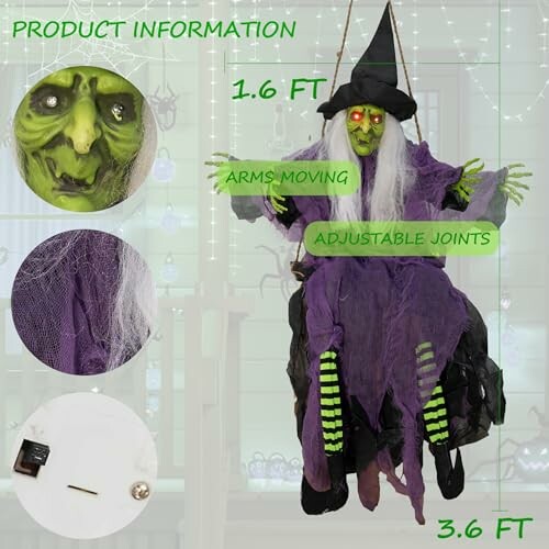 Hanging witch Halloween decoration with green face, adjustable joints, and movable arms.