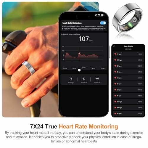 Smart ring on hand with heart rate monitoring app on phone.