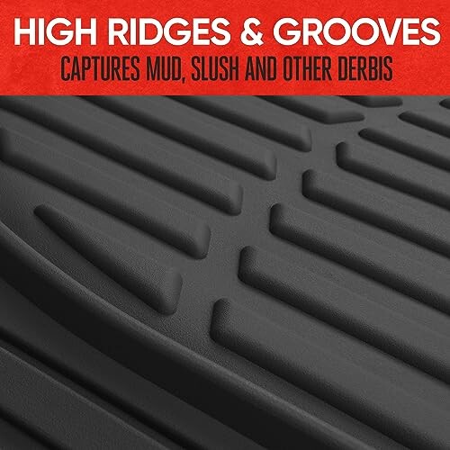 Close-up of car mat with high ridges and grooves for capturing debris.