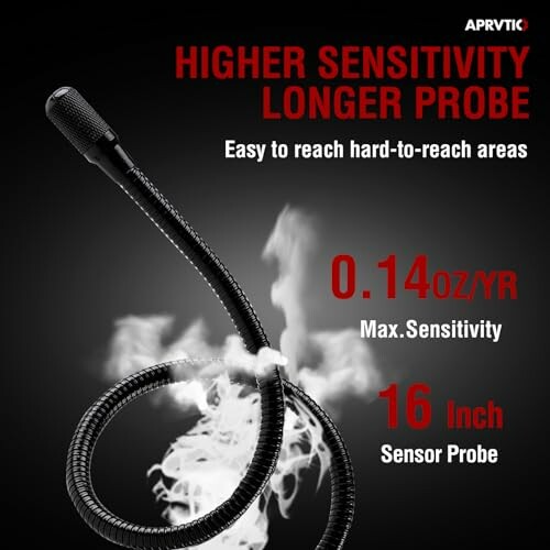 Flexible sensor probe with smoke, highlighting high sensitivity and extended reach.