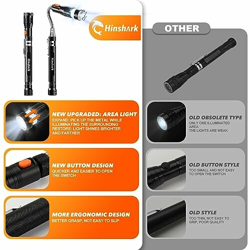 Comparison of Hinshark flashlights highlighting new design features.