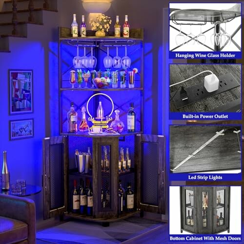 Home bar cabinet with LED lights, wine glass holder, built-in power outlet, and storage.