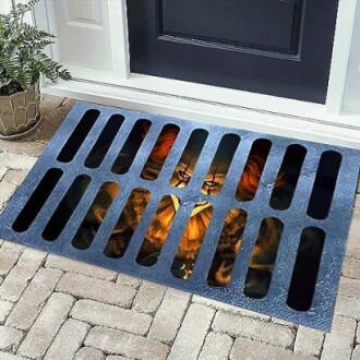 Doormat with a clown face design resembling a sewer grate.