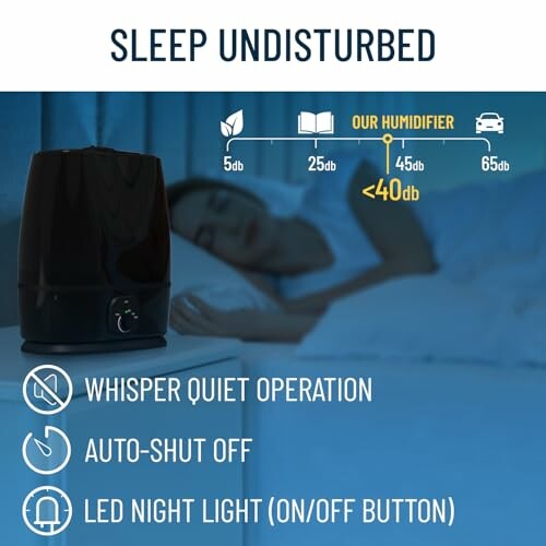 Humidifier with sleep features and noise levels.