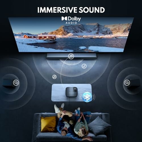 Dolby Audio immersive sound system setup with seating and Bluetooth connection.