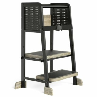 Industrial style step stool with metal frame and wooden steps