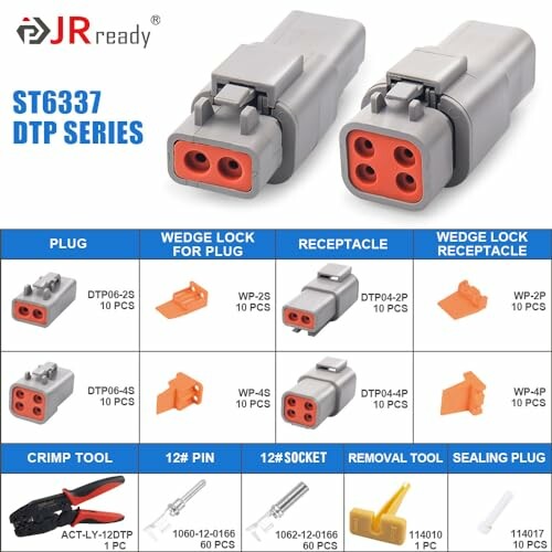 JRready ST6337 DTP Series connectors with plugs, receptacles, crimp tool, pins, sockets, and accessories.