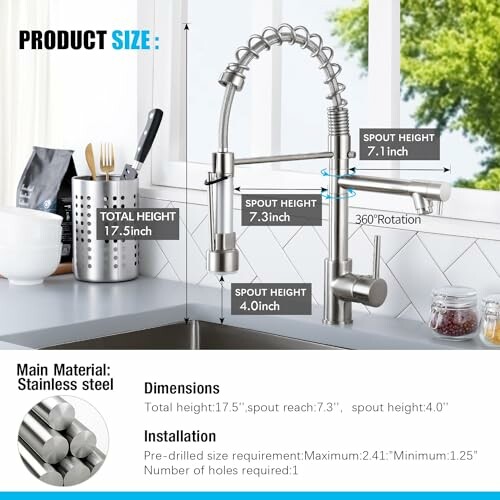 Kitchen faucet with dimensions and features labeled.