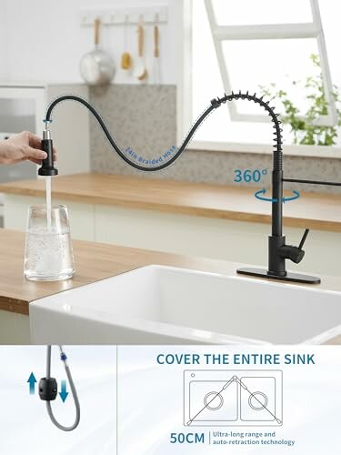 Flexible kitchen faucet with 360-degree rotation and auto-retraction.