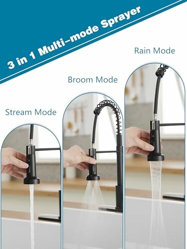 Kitchen faucet with 3 modes: stream, broom, rain.