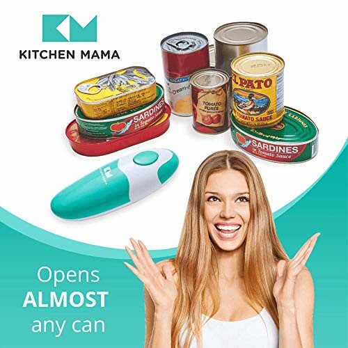 Kitchen Mama can opener with canned food and happy woman