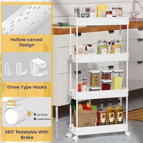 White kitchen storage shelf with jars and bottles.