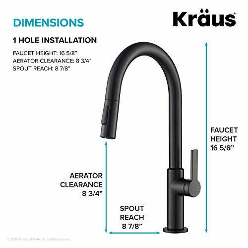 Dimensions and features of a Kraus kitchen faucet.