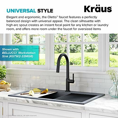 Kraus Oletto faucet in kitchen with workstation sink.