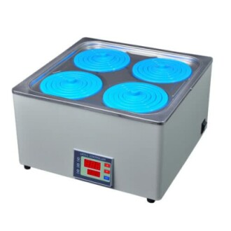 Laboratory water bath with four blue lids and digital display.