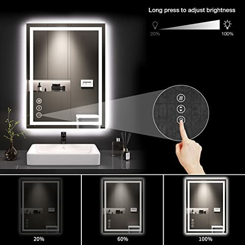 LED bathroom mirror with touch brightness control.