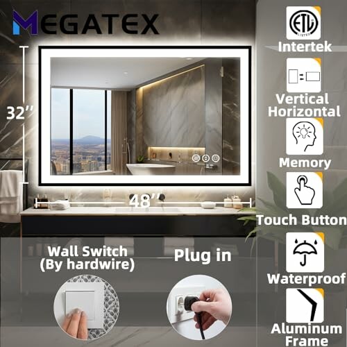 LED bathroom mirror with touch button and aluminum frame, featuring wall switch and plug-in options.