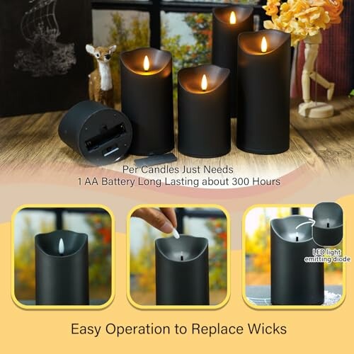 LED candles with battery compartment and easy wick replacement.