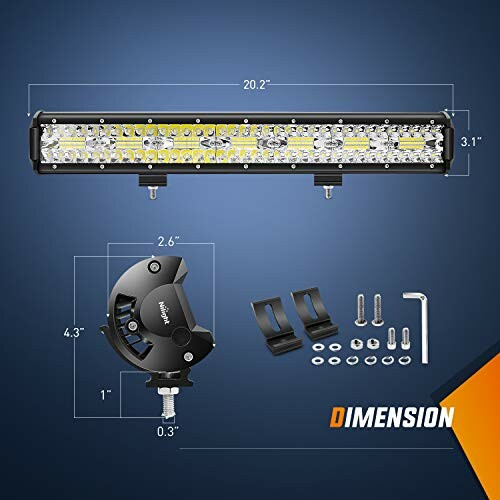 LED light bar with dimensions and mounting hardware.