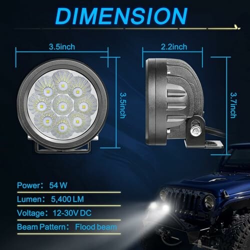 LED light dimensions and specifications with a car in the background.