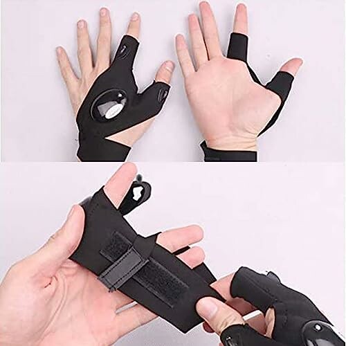 Hands wearing LED light gloves with adjustable straps.