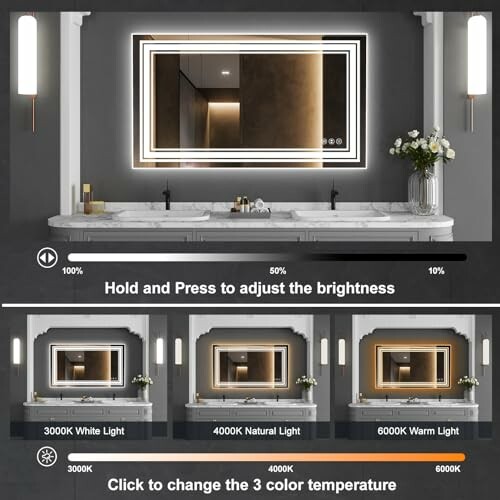 LED mirror with adjustable brightness and color temperature options.