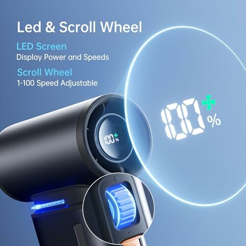 LED screen with scroll wheel showing 100 percent speed adjustable.