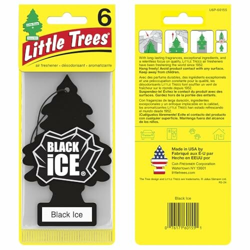 Little Trees Black Ice air freshener packaging, front and back view.