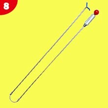 Long flexible wire tool with red and blue handles for reaching tight spaces in vehicles