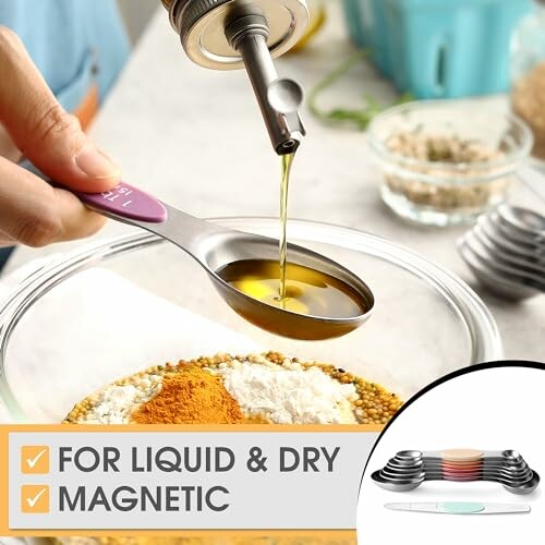 Magnetic measuring spoon with oil pouring, spices, and ingredients in the background.