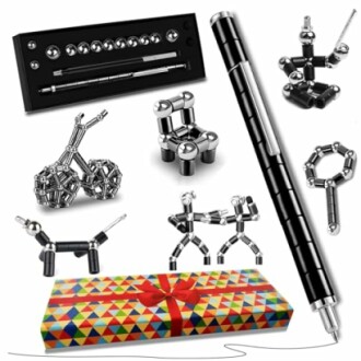 Magnetic pen gift set with various metallic figures and a colorful box.