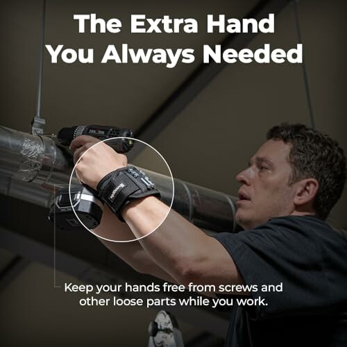 Man using magnetic wristband while working with tools.