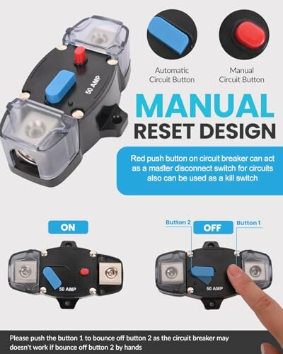 Manual reset circuit breaker with automatic and manual buttons, 50 AMP.