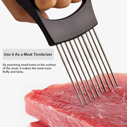 Meat tenderizer tool with multiple metal prongs used on raw meat.