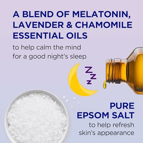 Graphic of melatonin, lavender, chamomile oils, Epsom salt for sleep and skin.
