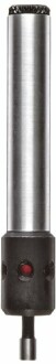 Close-up of a metal drill bit with a cylindrical body.