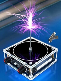A mini Tesla coil speaker with a USB drive, emitting purple sparks on a blue background.