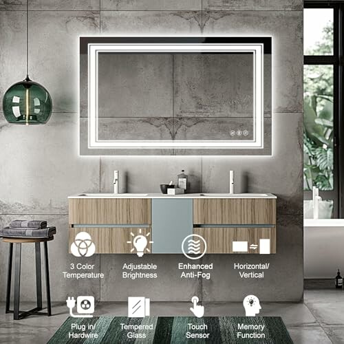Modern bathroom with illuminated mirror and wooden vanity.