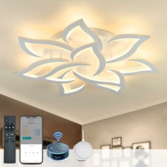 Modern ceiling light with smart home devices including a remote, phone, smart speaker, and smart hub.