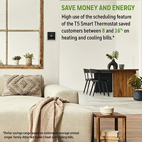Living room with a T5 Smart Thermostat promoting energy savings.