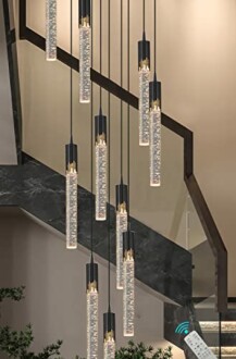 Modern staircase with hanging pendant lights