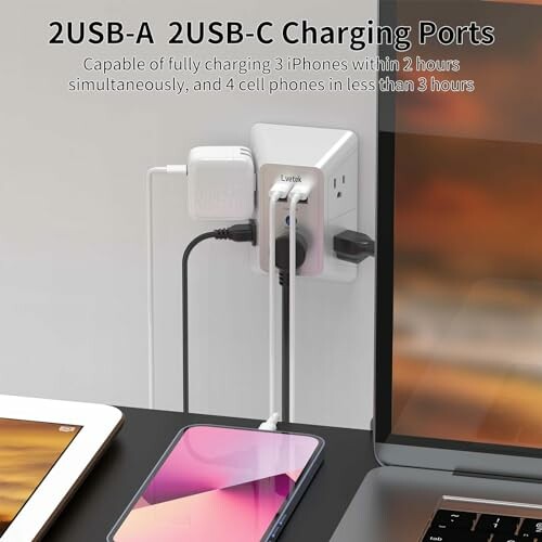 Wall outlet with 2 USB-A and 2 USB-C ports charging multiple devices.