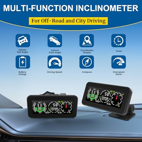Multi-function inclinometer for off-road and city driving with various features displayed.