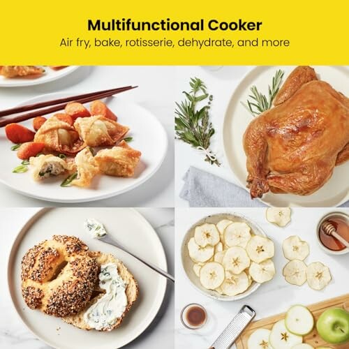 Multifunctional cooker showcasing dishes: air-fried dumplings, rotisserie chicken, bagel with cream cheese, and dehydrated apple slices.
